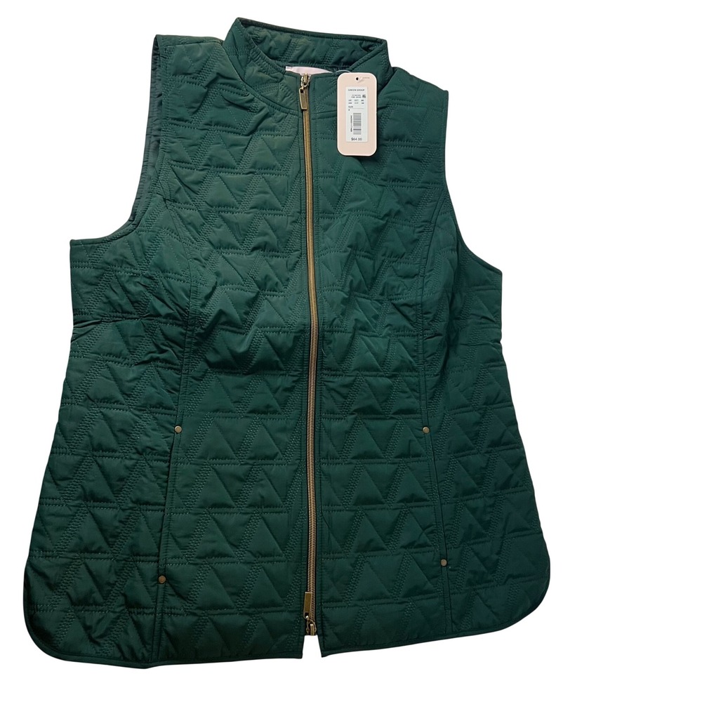 Allison Daley Quilted Vest Dark Green Zip Front Collarless Pockets Size‎ S